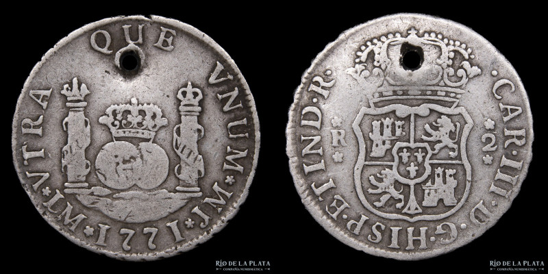 Lima (Perú) Carlos III (1759-1788) 2 Reales 1771 JM. Plata 917; 27.5mm; 6.33g. K...