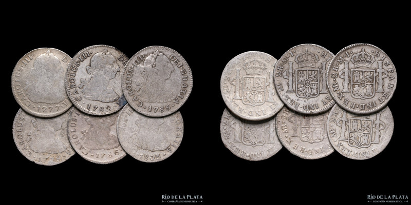 Lima (Perú) Lote x 6. 2 Reales 1777-1803. Plata 896; 28mm; 38.50g totales. (VF)...