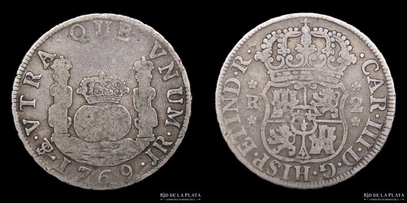 Potosí. Carlos III (1759-1789) 2 Reales 1769 JR Columnaria (José de Vargas y Flo...