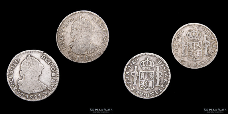 Potosí. Carlos III (1759-1789) Lote x2. 1 Real 1780 y 81. Plata 903. A estudiar....