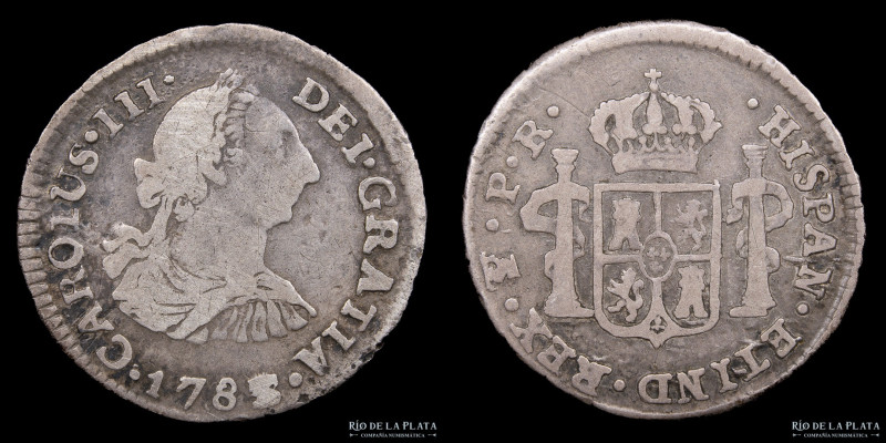 Potosí. Carlos III (1759-1789) 1/2 Real 1783/2 PR. Sobrefecha. Plata 903; 16mm; ...