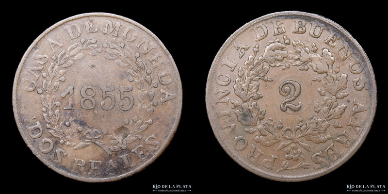 Argentina. Buenos Aires. 2 Reales 1855. Cobre; 32mm; 7.40g. CJ 20.1.4 (A3-R1); K...