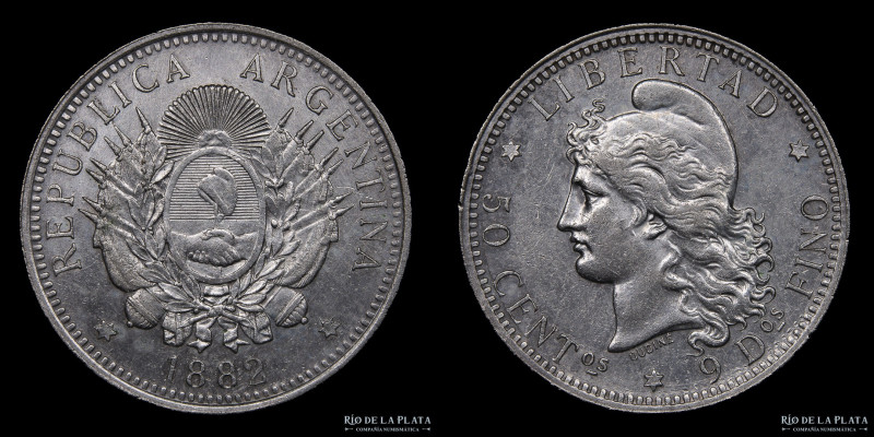 Argentina. 50 Centavos 1882. 1/2 Patacón. Plata 900; 30.1mm; 12.34g. Buenos Aire...