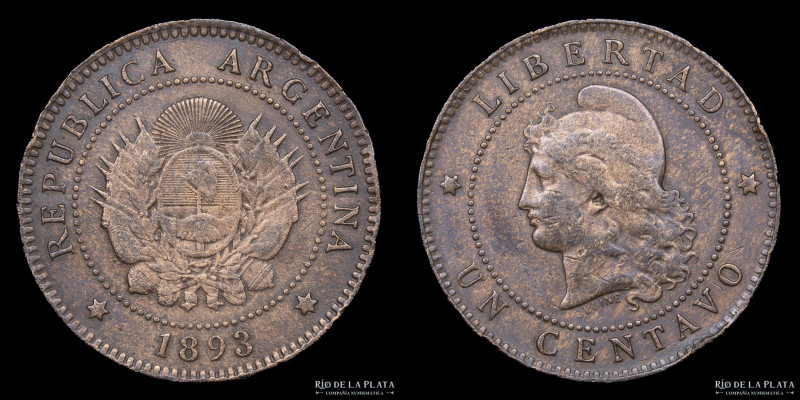 Argentina. 1 Centavo 1893. Buenos Aires mint. Cobre; 25.0mm; 5.00g. CJ 48; KM32 ...