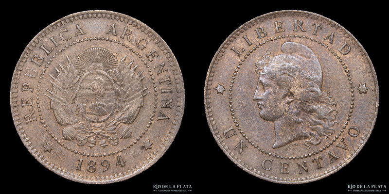 Argentina. 1 Centavo 1894. Buenos Aires mint. Cobre; 25.0mm; 4.98g. CJ 49; KM32 ...