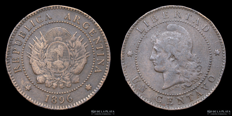 Argentina. 1 Centavo 1896. Buenos Aires mint. Cobre; 25.0mm; 5.00g. CJ 51 KM32 (...