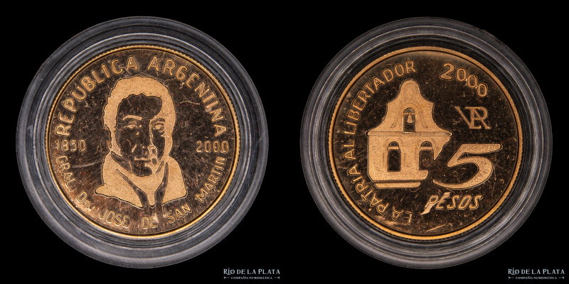 Argentina. 5 Pesos 2000. 150ª Aniversario del fallecimiento del Gral San Martín....