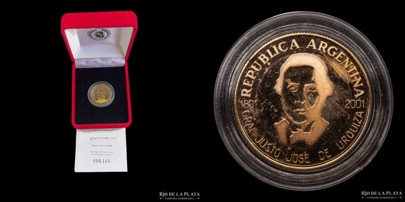 Argentina. 5 pesos 2001. Justo José de Urquiza. Oro 900; 22mm; 8.06g. CJ 8.7 (PR...