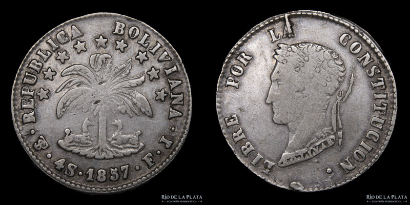 Bolivia. 4 Soles 1857 FJ. Plata 667; 32mm; 13.19g. KM123.2 (VF)

USD 30 - 60
...