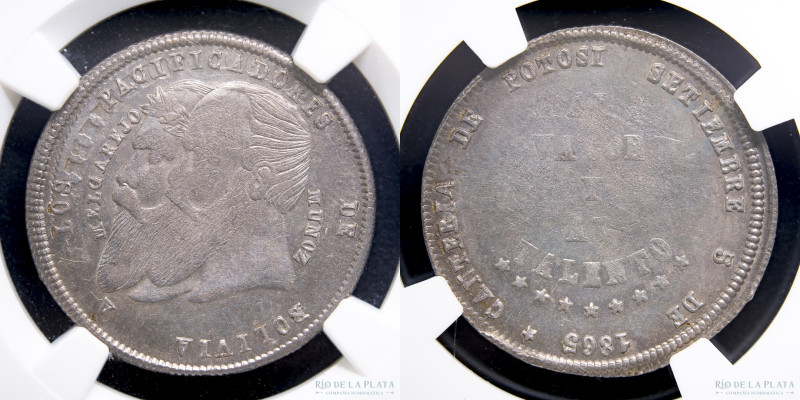 Bolivia. 1/4 Melgarejo 1865. Plata 666; 25mm. KM144. Certificada por NGC MS61
...