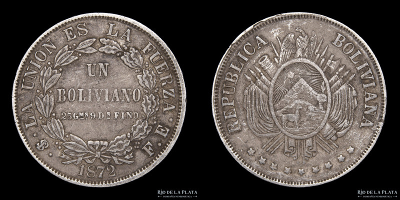 Bolivia. 1 Boliviano 1872 FE. 9 estrellas. Plata 900; 37mm; 24.89g. KM155.4 (VF)...