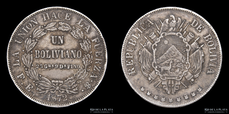 Bolivia. 1 Boliviano 1872 FE. 9 estrellas. Plata 900; 37mm; 24.93g. KM155.4 (VF+...