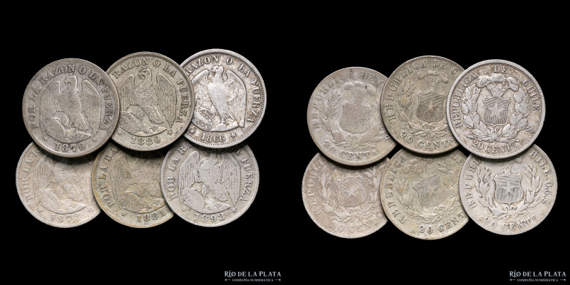 Chile. Lote x6. 20 Centavos 1866-1892. Plata 500; 23mm; 5g c/u. KM135 y 138. (To...