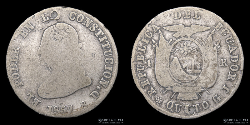 Ecuador. 4 Reales 1857 GJ. Quito Mint. Plata 667; 31.0mm; 12.60g. KM37 Perforada...