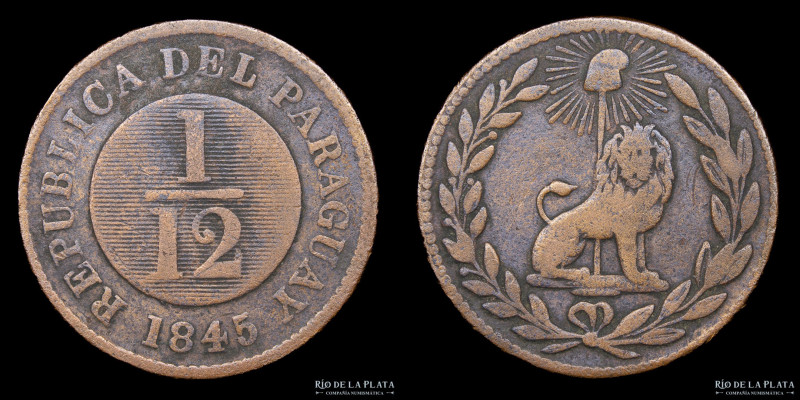 Paraguay. 1/12 Real 1845. Birmingham. 31 Rayos. Cobre; 24.0mm; 6.04g. Ciotti 31B...