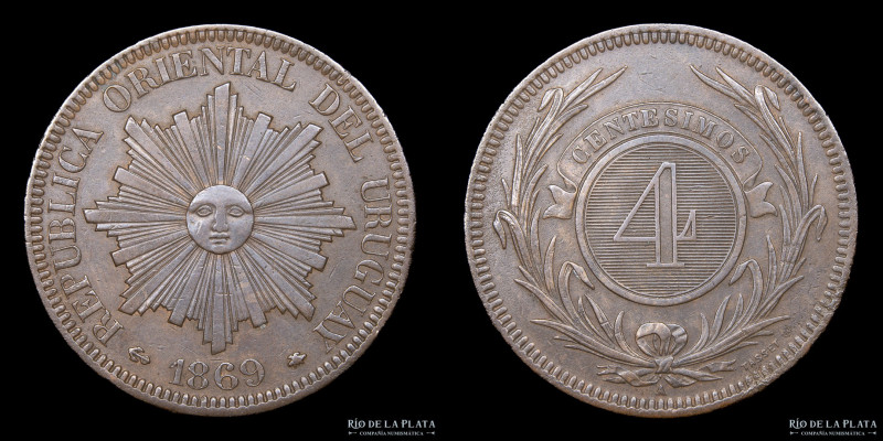 Uruguay. 4 Centésimos 1869 A Paris mint. Cobre; 35.0mm; 19.50g. KM13 (XF)

USD...