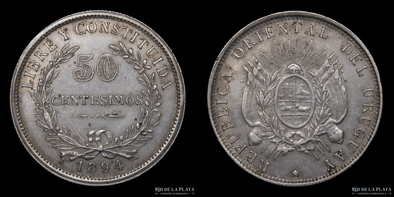 Uruguay. 50 Centésimos 1894. Plata 900; 33.0mm; 12.30g. KM16 (VF+)

USD 25 - 5...