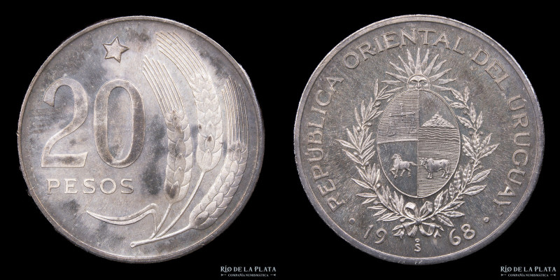 Uruguay. 20 Pesos 1968. Ensayo/Pattern. Santiago Mint. Plata 900; 21mm; 5.12g. P...