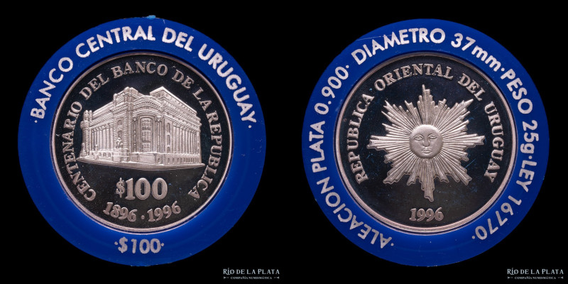 Uruguay. 100 Pesos 1996. Centenario del Banco Central del Uruguay. Plata 900; 37...