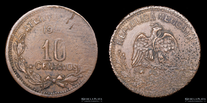 México (Revolución) Atlixtac. 10 Centavos 1915. Cobre; 27.5mm; 7.51g. KM646 (VF)...