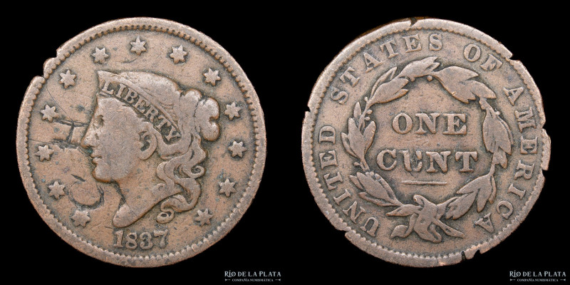 USA. 1 Cent 1837. Coronet Head Penny. Cobre; 28mm; 10.62g. KM45 (VG) Contramarca...