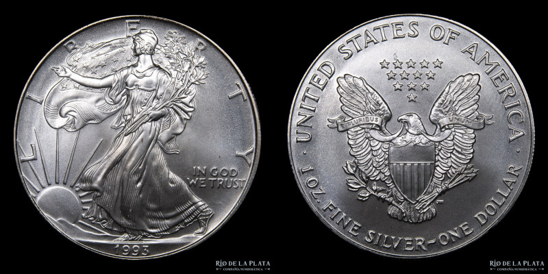 USA. 1 Dollar 1993 American Silver Eagle. Plata 999; 40.6mm; 31.30g. KM273 (UNC)...