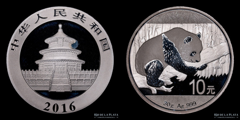 China. 10 Yuan 2016 Panda Bullion. Plata 999; 40.0mm; 31.10g. KM2269 (UNC) en cá...