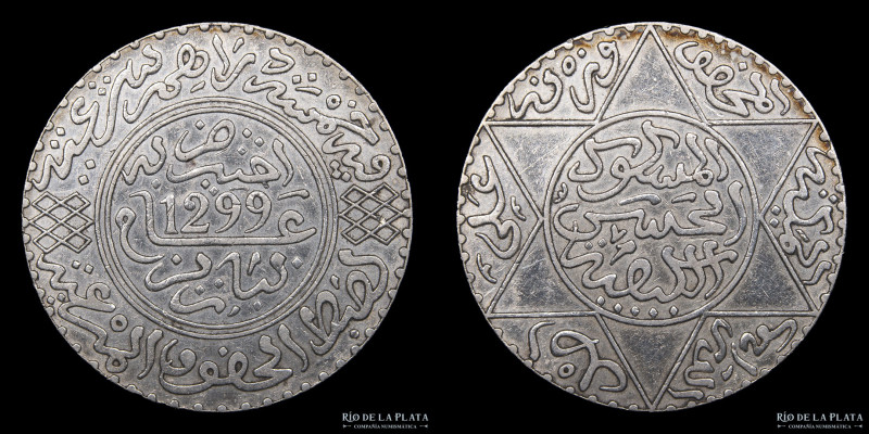 Marruecos. Moulay al-Hasan I. 5 Dirhams 1299 (1882). Paris Mint. Plata 835; 32.7...