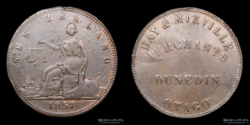 Nueva Zelanda. Dunedin Otago, Day & Mieville Merchants. 1 Penny 1857. Cobre; 34....