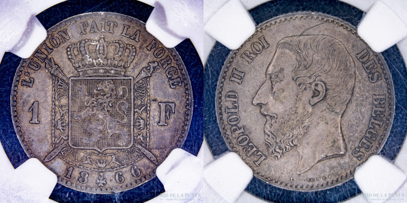 Bélgica. Leopold II. 1 Franc 1866. Plata 835; 23mm; 5g. KM28. Encapsulada por NG...