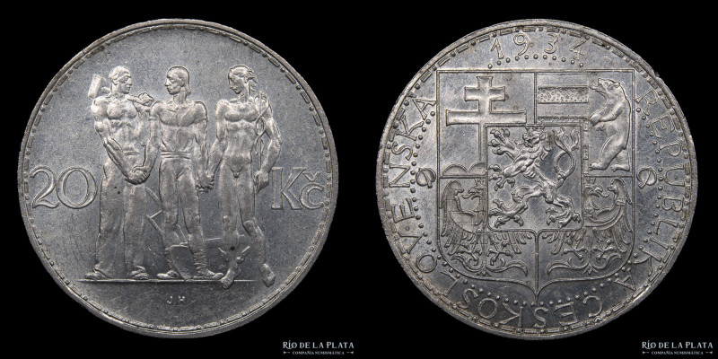 Checoslovaquia. First Republic (1918-1938) 20 Korun 1934. Plata 700; 34.0mm; 11....