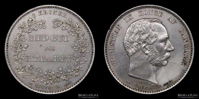 Dinamarca. Christian IX. 2 Kroner 1888. Plata 800; 31mm; 14.98g. KM799 (XF) Puli...