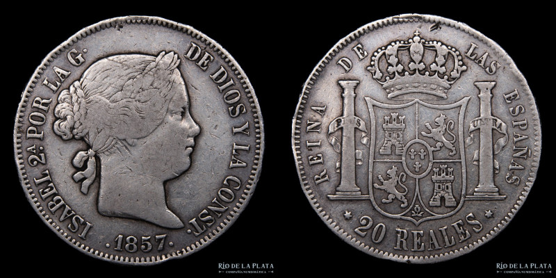 España. Isabel II (1833-1868) 20 Reales 1857. Ceca de Madrid. Plata 900; 37.0mm;...