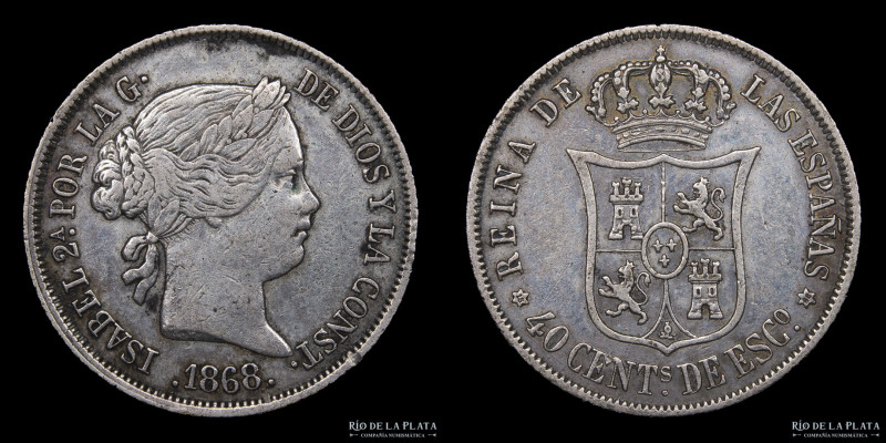 España. Isabel II (1833-1868) 40 Céntimos de Escudo 1868. Plata 810; 23.0mm; 5.1...