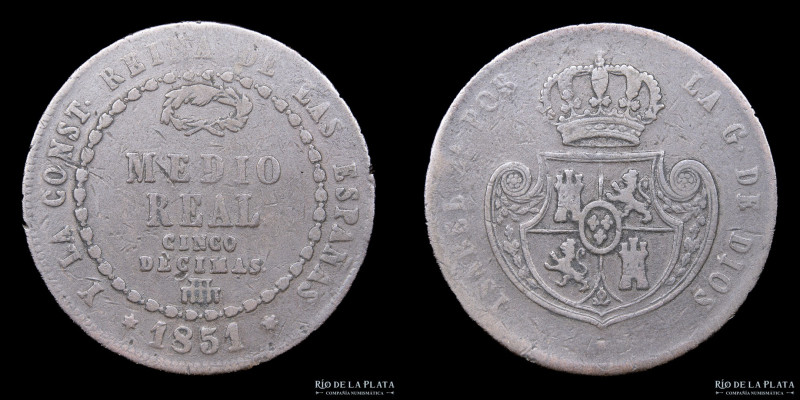 España. Isabel II. Medio Real 1851 S. Cobre; 31mm; 18.23g. KM591 (VF)

USD 25 ...