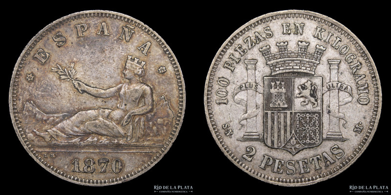 España. Gob. Provisional 2 Pesetas 1870 (70) DE-M. Plata 835; 27.0mm; 10.00g. KM...