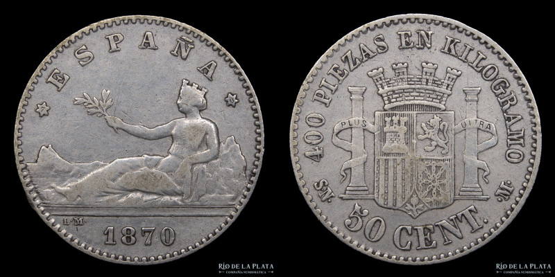 España. Gob. Provisional. 50 Centimos 1870 (70). Plata 835; 18mm; 2.5g. KM651 (V...