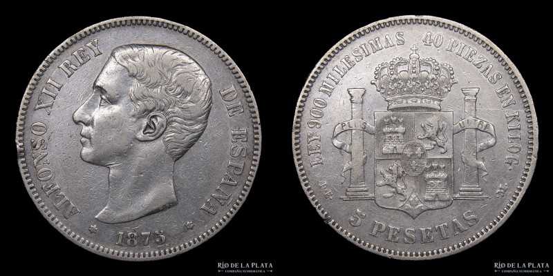 España. Alfonso XII (1874-1885) . 5 Pesetas 1875 (75) DE-M. Plata 900; 37mm; 25....