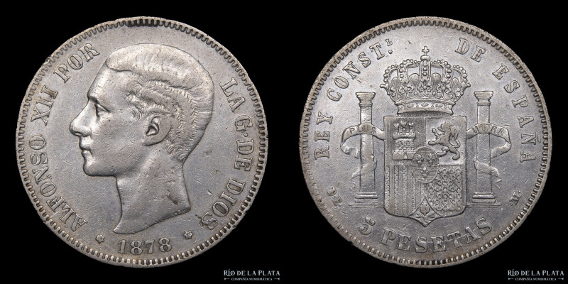 España. Alfonso XII (1874-1885) . 5 Pesetas 1878 (78) DE-M. Plata 900; 37mm; 24....