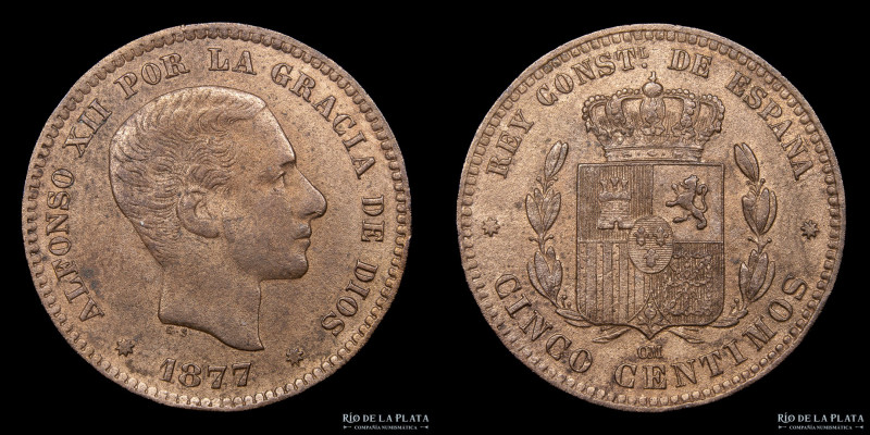 España. Alfonso XII (1874-1885) 5 Céntimos 1877. Cobre; 25.0mm; 4.78g. KM 674 (X...