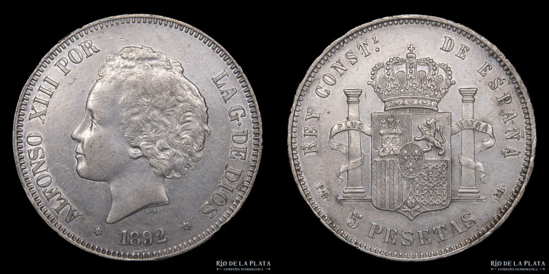 España. Alfonso XIII (1886-1931). 5 Pesetas 1892 (92) PG-M. Plata 900; 37mm; 24....