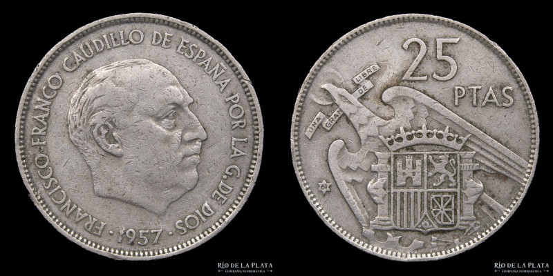 España. Francisco Franco. 25 Pesetas 1957 (61) Muy escasa. Níquel; 26mm; 8.50g. ...