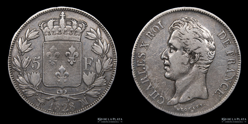 Francia. Charles X (1824-1830) 5 Francs 1828 MA (2do tipo). Marsella mint. Plata...