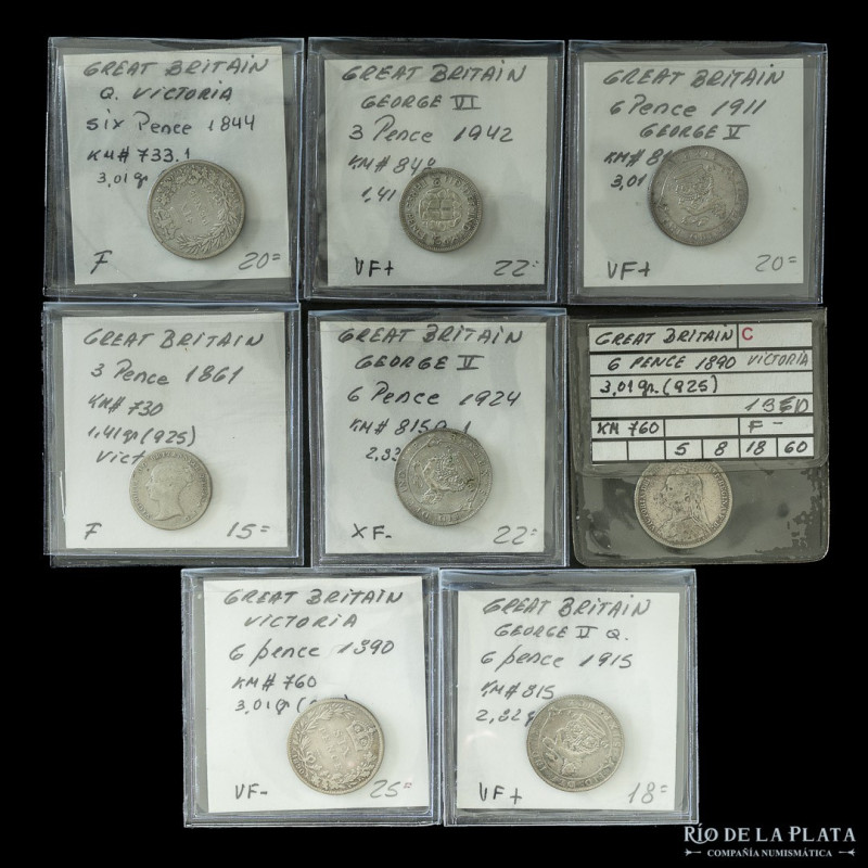 Gran Bretaña. Lote x8. Six and Three Pence 1844 a 1942. Plata

USD 30 - 60

...