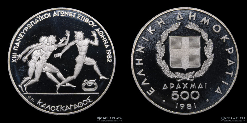 Grecia. 500 Dracmas 1981. Juegos Pan-Europeos 1982. Plata 900; 36mm; 28.88g. KM ...