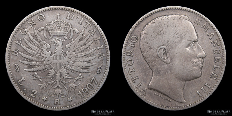 Italia. Vittorio Emanuele III (1900-1946) 2 Lire 1907 R. Roma mint. Plata 835; 2...