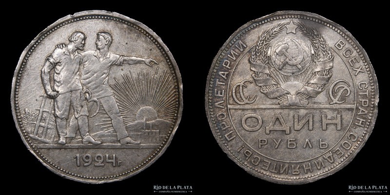 Rusia. URSS. 1 Ruble 1924. Plata 900; 33.5mm; 19.98g. KM Y90.1 (F+) Golpes en el...