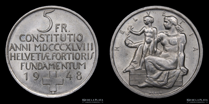 Suiza. 5 Francs 1948. Centenario de la Constitución. Plata 835; 31mm; 15g. KM48 ...