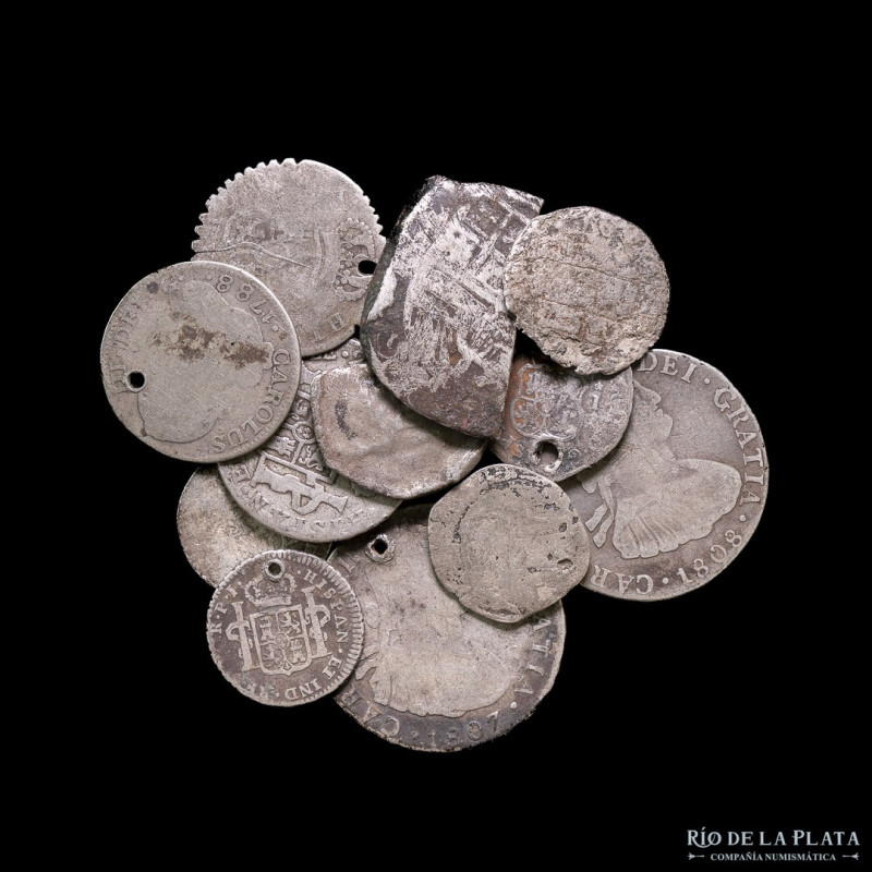 Hispanoamérica. Lote x13. Plata colonial surtida, varias denominaciones, perfora...