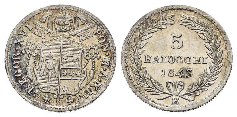 BOLOGNA. Gregorio XVI (1831-1846). 5 Baiocchi 1843 B. Ag. Gig. 146. rara e in al...